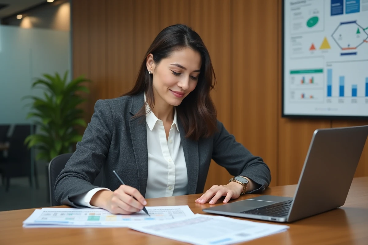 Responsable de chaîne d'approvisionnement analysant des données de traçabilité blockchain sur des documents imprimés et un ordinateur portable en salle de réunion