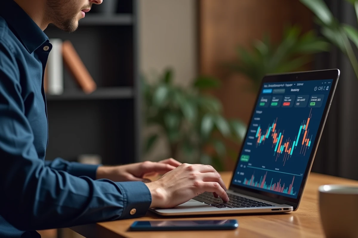 Homme consultant une interface de retrait de cryptomonnaies sur son ordinateur portable avec une application bancaire ouverte sur son téléphone