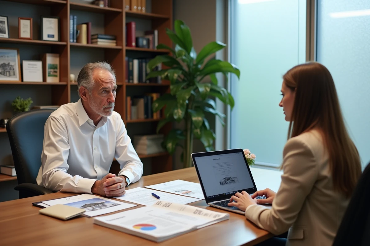 Notaire et experte immobilière analysant un rapport d'expertise et des documents de bien immobilier dans un bureau professionnel