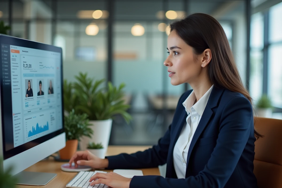 Responsable RH analysant des profils de candidats générés par intelligence artificielle sur un écran d'ordinateur dans un bureau moderne