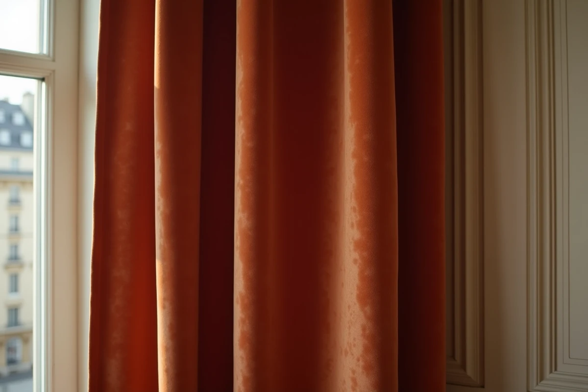 Rideau en velours terracotta avec tête à pince sur tringle laiton dans un appartement parisien