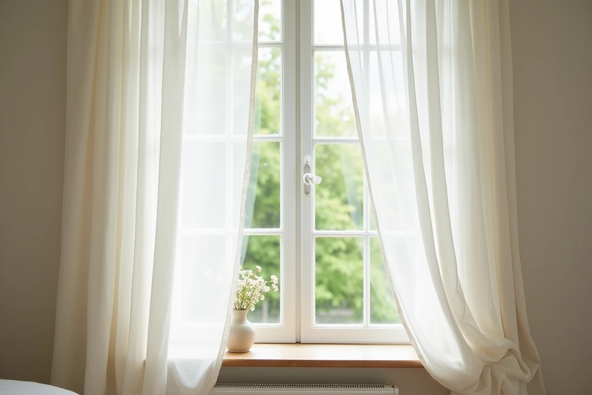 Rideau voile coton blanc écru flottant dans une chambre tendance 2026 avec fenêtre ouverte sur jardin