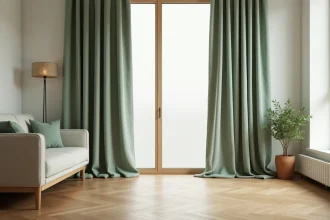 Rideaux en lin vert sauge tendance 2026 dans un salon minimaliste avec parquet en chêne