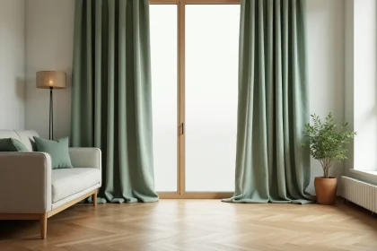 Rideaux en lin vert sauge tendance 2026 dans un salon minimaliste avec parquet en chêne