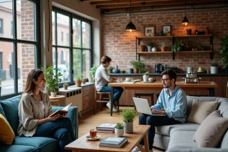Trois colocataires partageant un salon convivial dans une maison en coliving moderne avec briques apparentes
