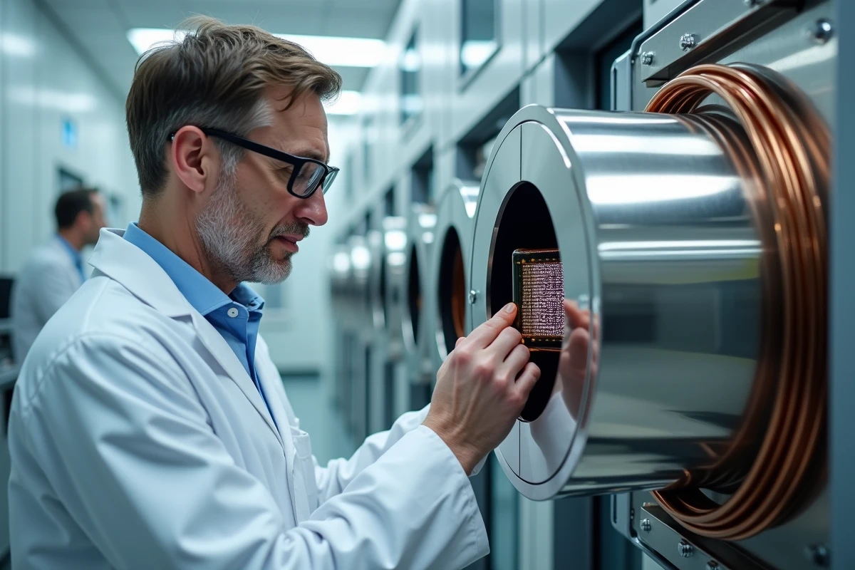 Scientifique examinant un processeur d'ordinateur quantique dans un laboratoire de recherche de pointe