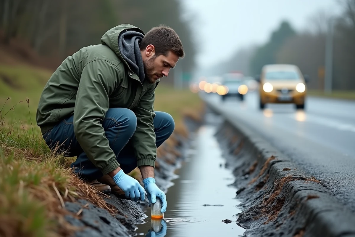 Scientifique prélevant un échantillon d'eau polluée près d'une route pour analyser l'impact environnemental des transports