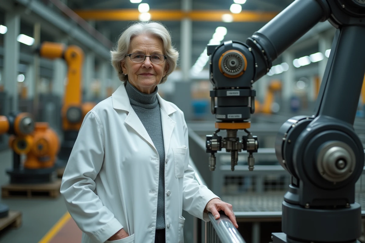 Scientifique expérimentée posant devant un bras robotique industriel, illustrant une technologie éprouvée et mature