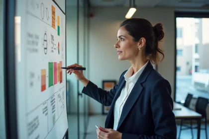 Stratège en branding présentant une stratégie de marque sur un tableau blanc dans une agence créative moderne