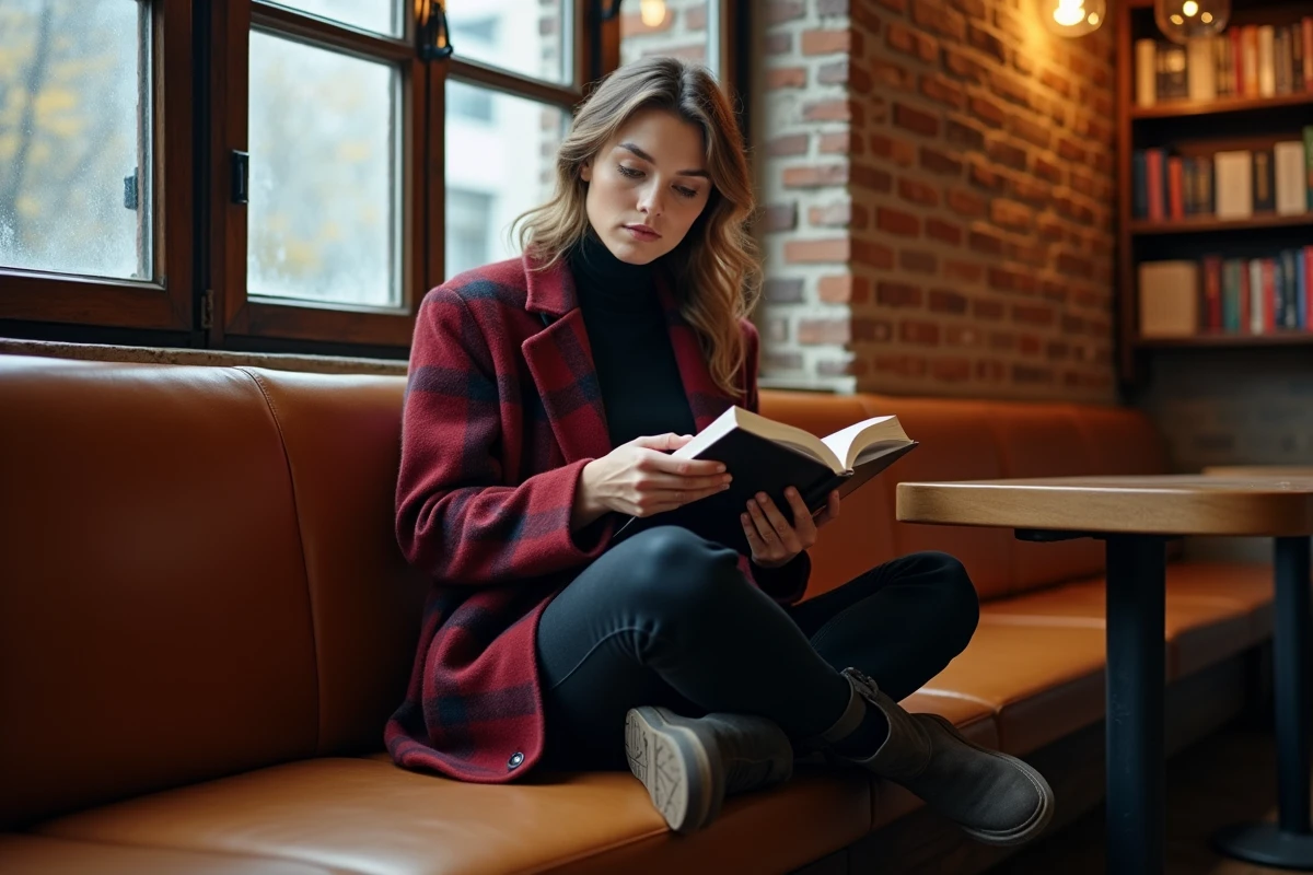 Femme élégante en blazer écossais et pull col montant dans un café cosy, style chic et chaleureux pour l'hiver
