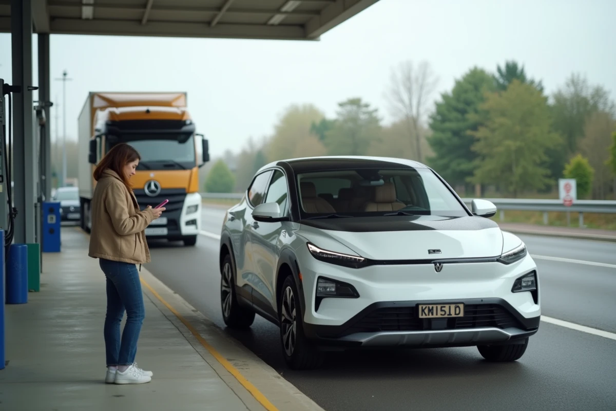 Femme à côté d'un SUV hybride blanc dans une aire de repos autoroutière