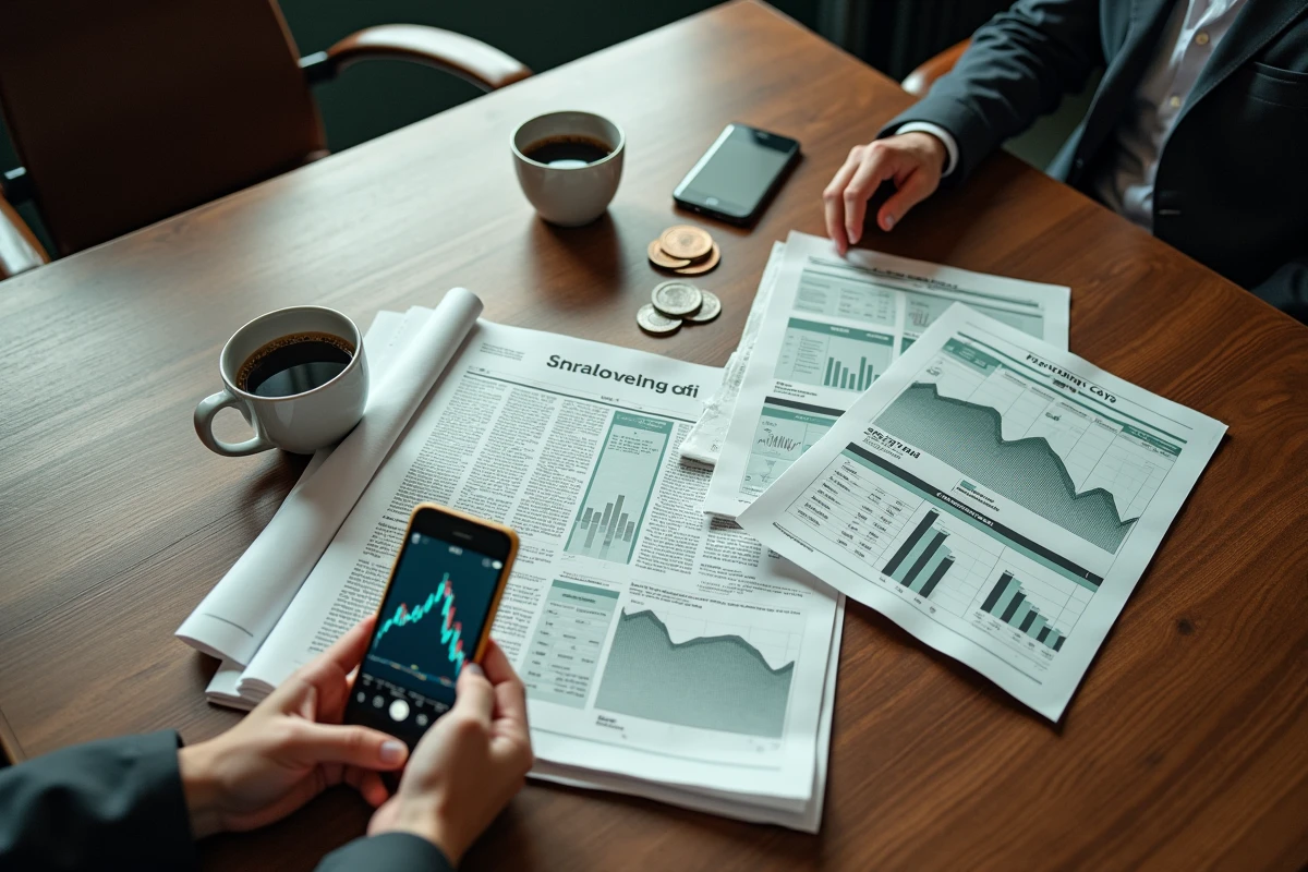 Vue aérienne d'une table de réunion couverte de rapports financiers, journaux économiques et billets en euros symbolisant l'avenir incertain de la finance