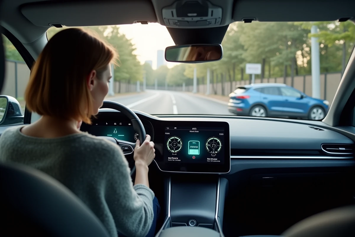 Conductrice dans une voiture full hybride observant le tableau de bord numérique affichant le flux d'énergie et la recharge de la batterie