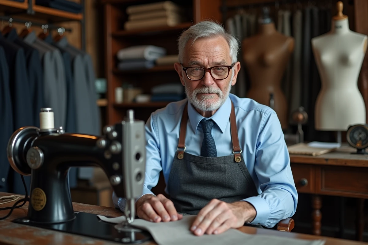 Tailleur artisan travaillant sur une machine à coudre dans une boutique de couture traditionnelle