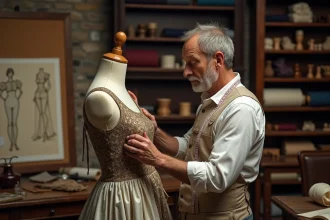 Tailleur parisien du XIXe siècle épinglant une robe en soie brodée sur un mannequin en bois dans un atelier de haute couture vintage