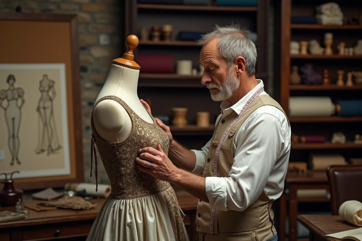 Tailleur parisien du XIXe siècle épinglant une robe en soie brodée sur un mannequin en bois dans un atelier de haute couture vintage