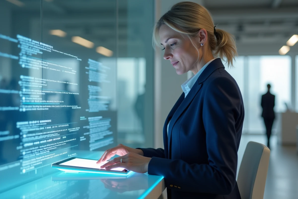 Femme cadre bancaire utilisant une interface numérique holographique dans une agence bancaire moderne et futuriste