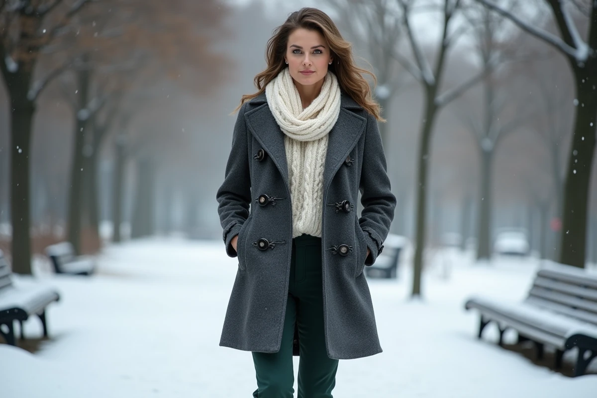 Femme en manteau caban gris et écharpe tricot marchant dans un parc enneigé, tenue hivernale élégante et tendance
