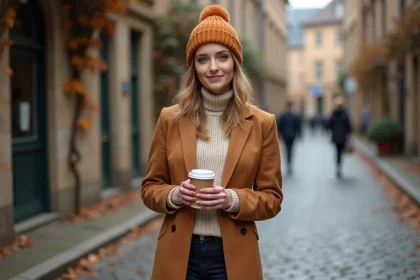 Jeune femme stylée en manteau camel et pull col roulé dans une rue pavée en automne, tenue élégante pour temps froid