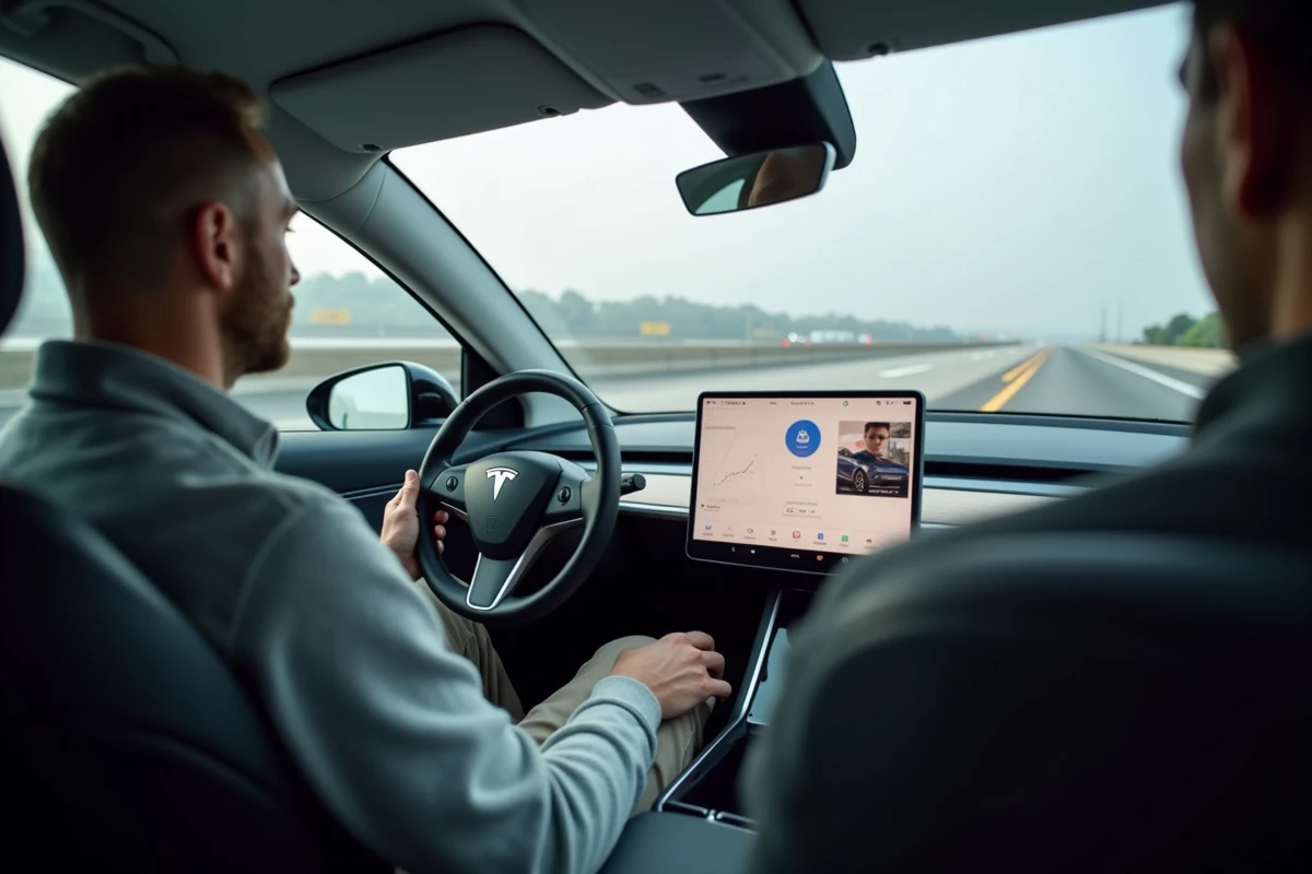 Homme dans une Tesla Model 3 en mode conduite autonome Autopilot sur autoroute
