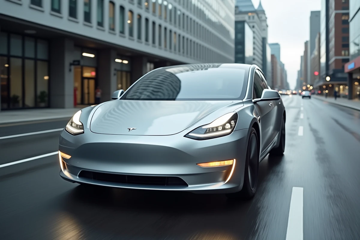 Tesla Model S en conduite autonome sur boulevard urbain vue extérieure avant
