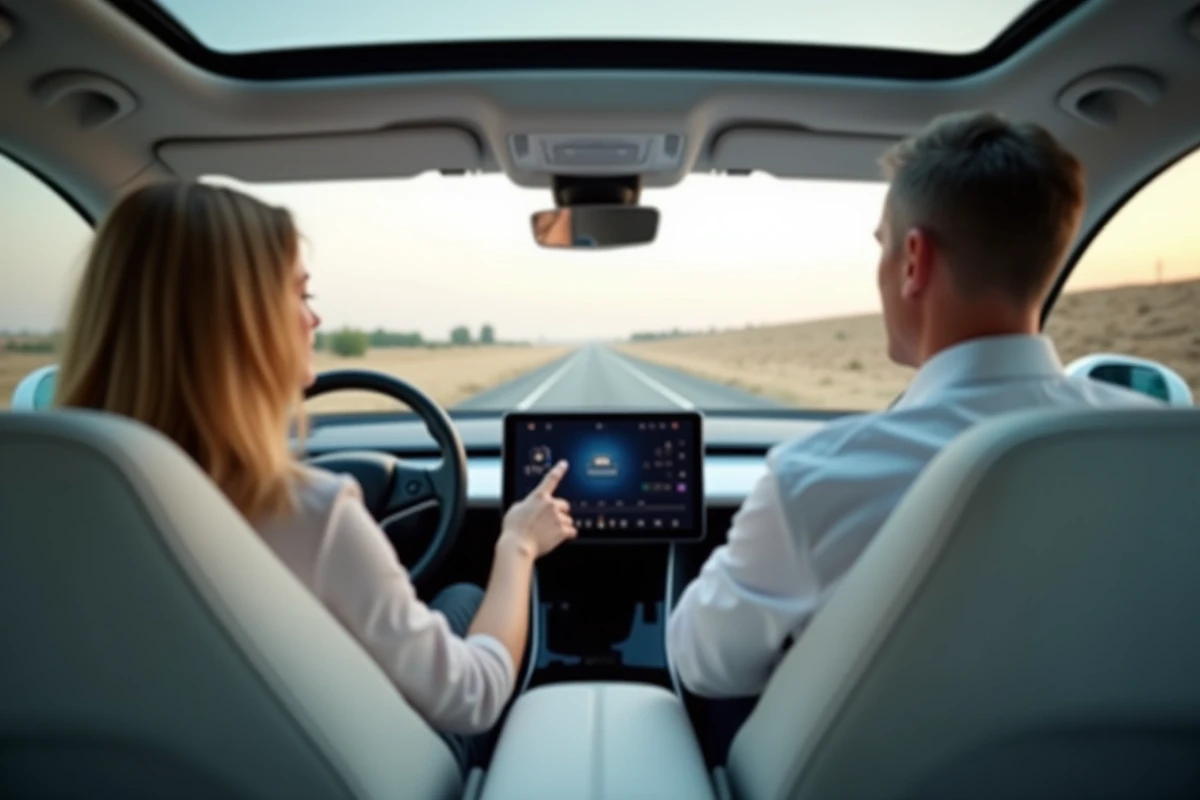 Couple dans un Tesla Model Y examinant l'interface de conduite autonome sur écran tactile