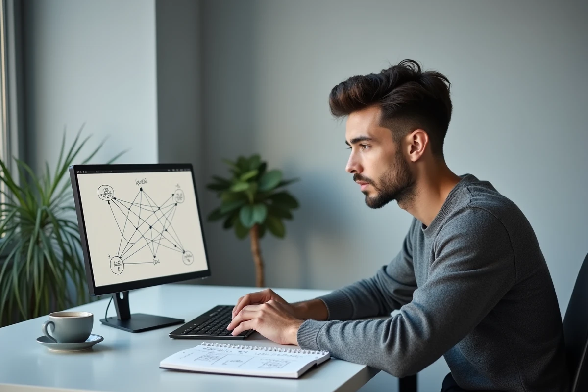 Jeune homme analysant un arbre de décision stratégique sur ordinateur portable pour comprendre la théorie des jeux
