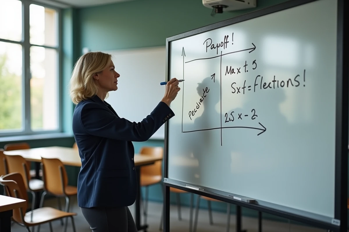 Professeure expliquant une matrice de gains au tableau dans une salle de cours universitaire, théorie des jeux
