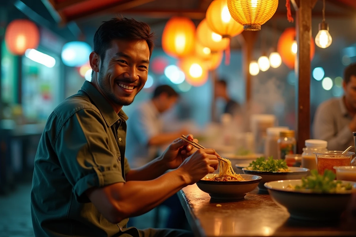 Voyageur savourant un bol de soupe de nouilles dans un marché nocturne asiatique lors d'un séjour de tourisme culinaire
