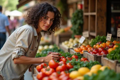 Une femme explorant un marché de producteurs méditerranéen lors d'une expérience de tourisme culinaire