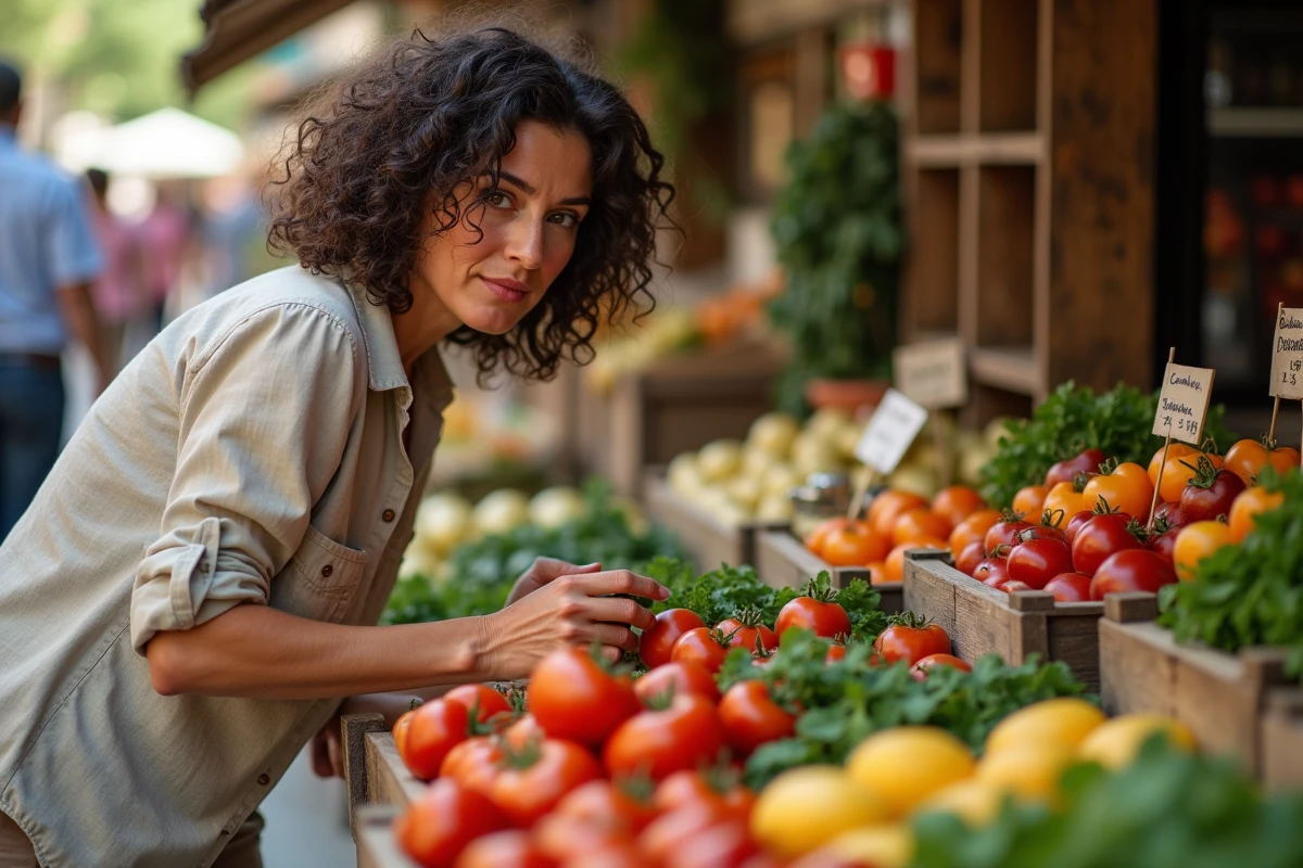 Une femme explorant un marché de producteurs méditerranéen lors d'une expérience de tourisme culinaire