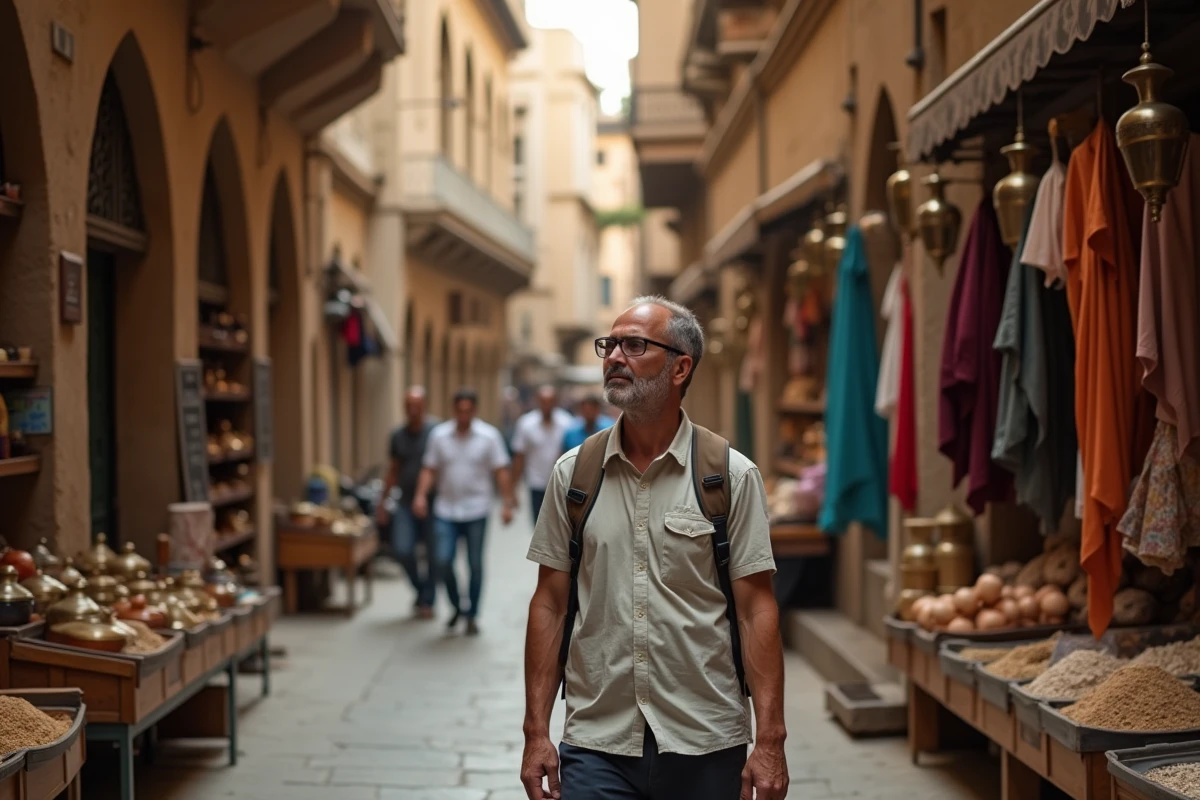 Touriste explorant le marché Khan el-Khalili au Caire en Égypte