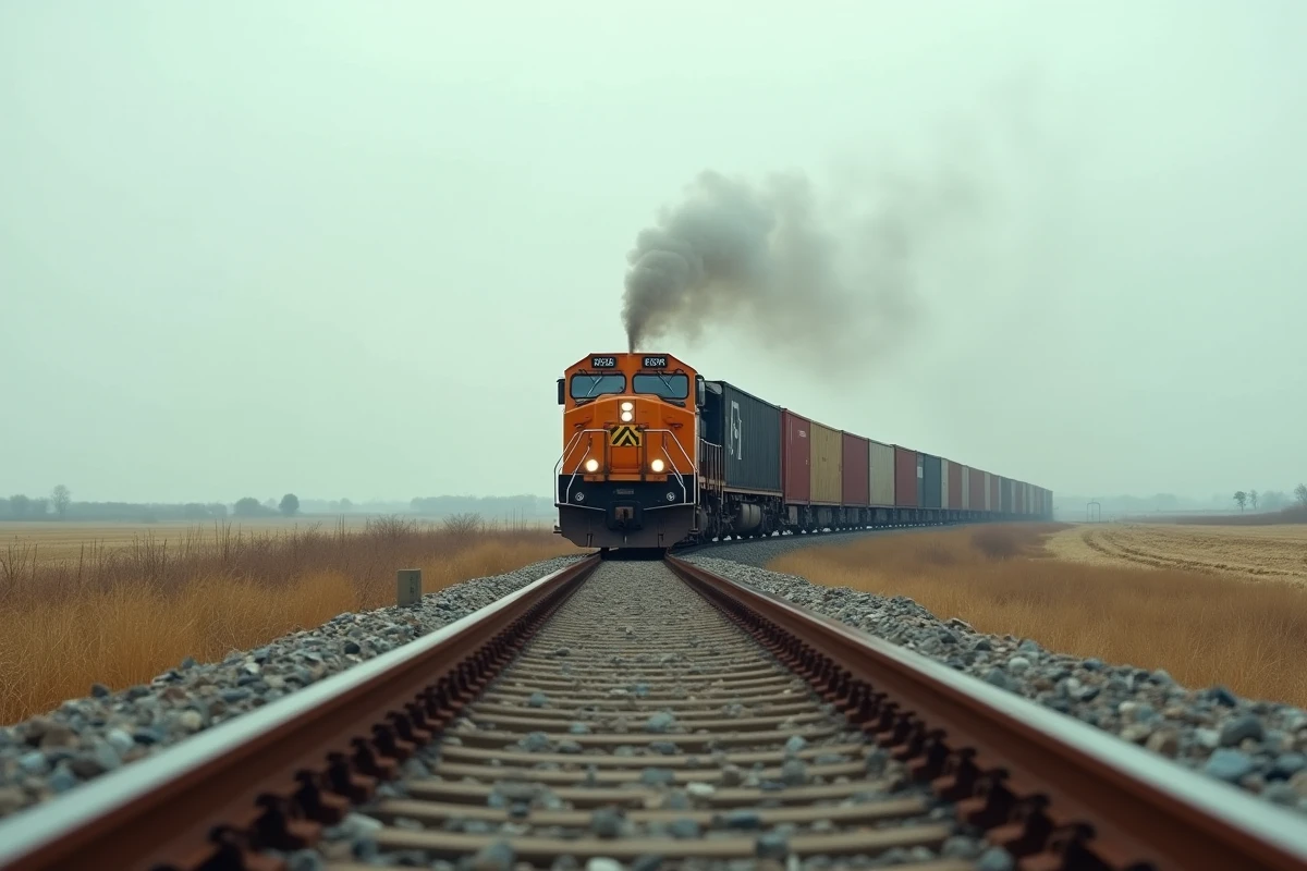 Train de fret traversant une zone rurale avec émissions diesel symbolisant l'empreinte carbone du transport ferroviaire