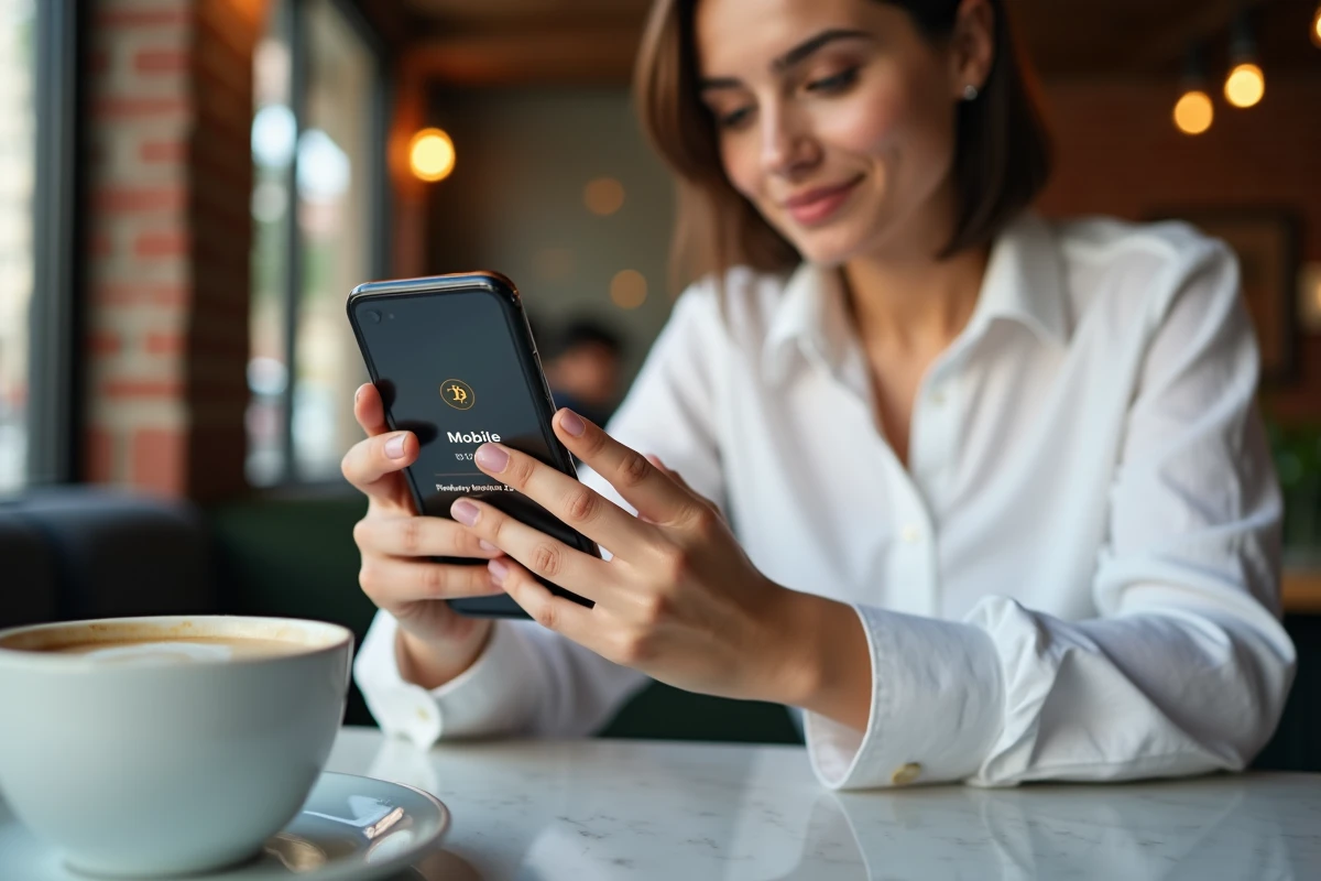 Femme utilisant une application mobile pour transférer des bitcoins vers un autre portefeuille