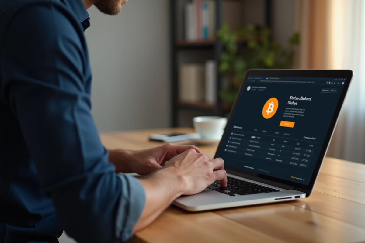 Homme effectuant un transfert de bitcoins depuis son portefeuille crypto sur un ordinateur portable