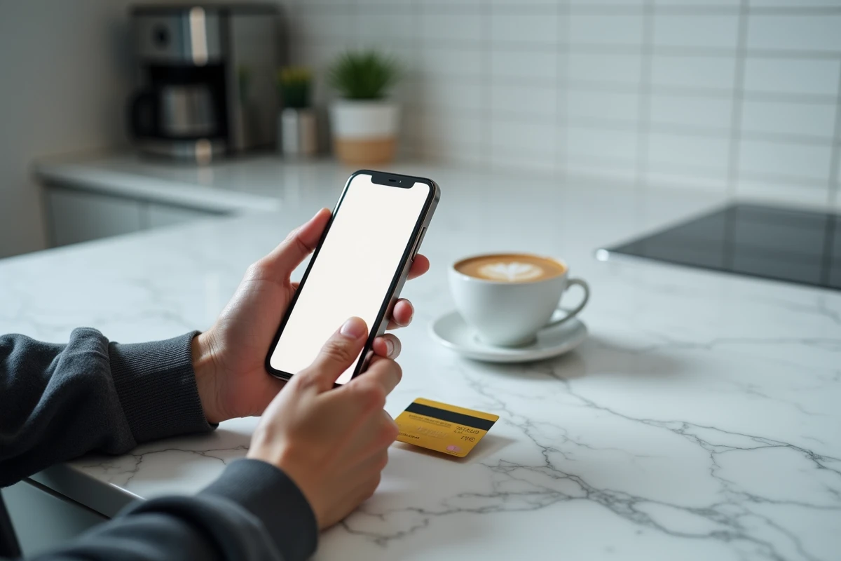 Mains tenant un smartphone affichant une confirmation de transfert de cryptomonnaies vers un compte bancaire avec une carte de débit posée sur un comptoir