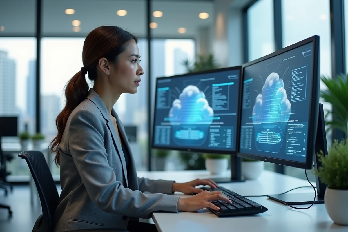 Professionnelle analysant des diagrammes d'architecture cloud sur des écrans dans un bureau moderne en open space
