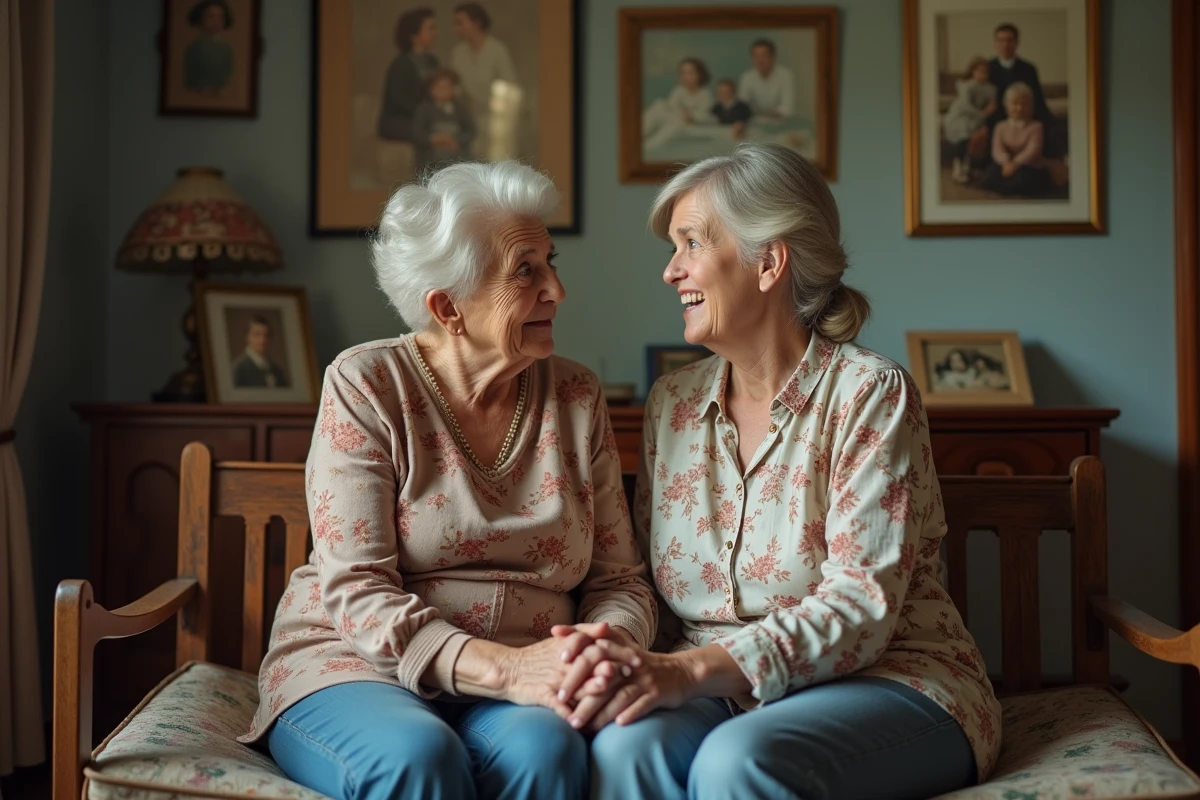 Grand-mère et petite-fille adulte se tenant les mains dans un salon, évoquant une conversation sur le traumatisme intergénérationnel et la transmission familiale