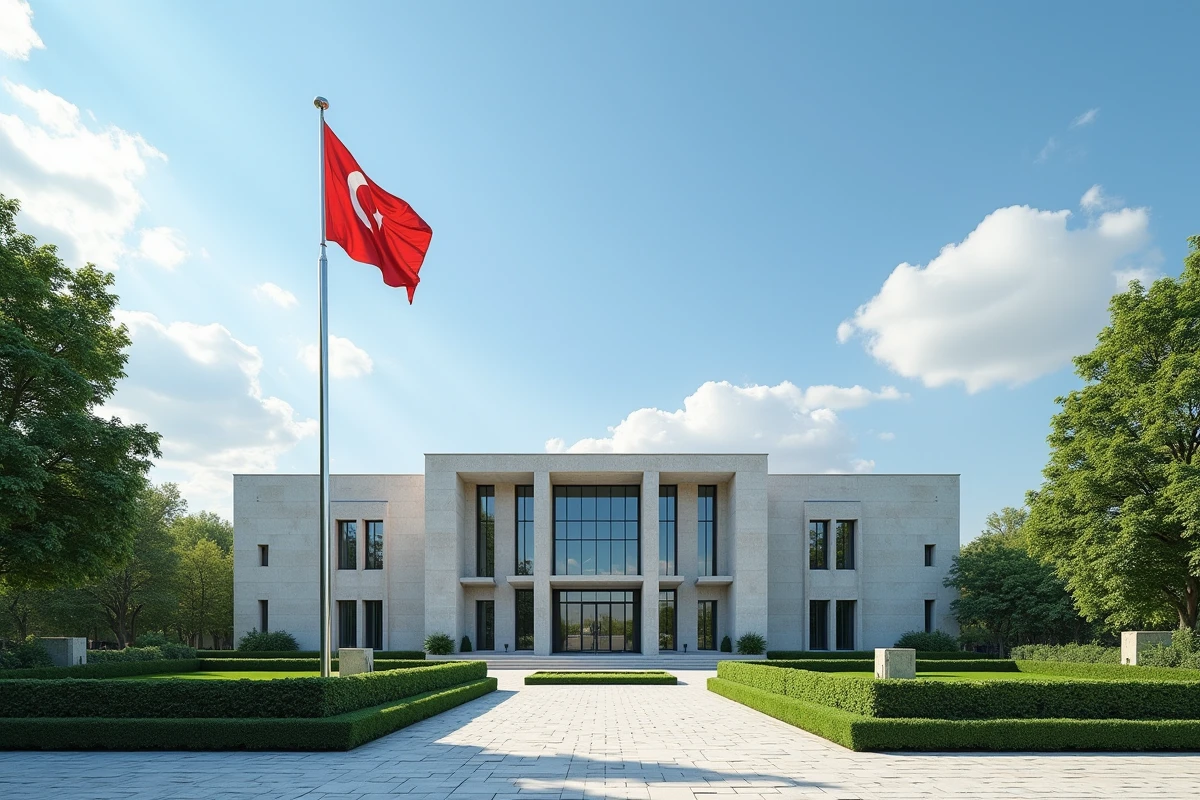 Bâtiment officiel du trésor d'un pays sans dette nationale avec drapeau national