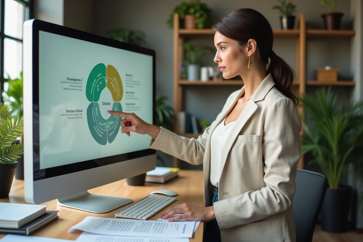 Femme cadre pointant les trois piliers du développement durable sur un écran de bureau dans un open space moderne