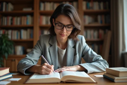 Femme consultant un dictionnaire pour comprendre les types de définition