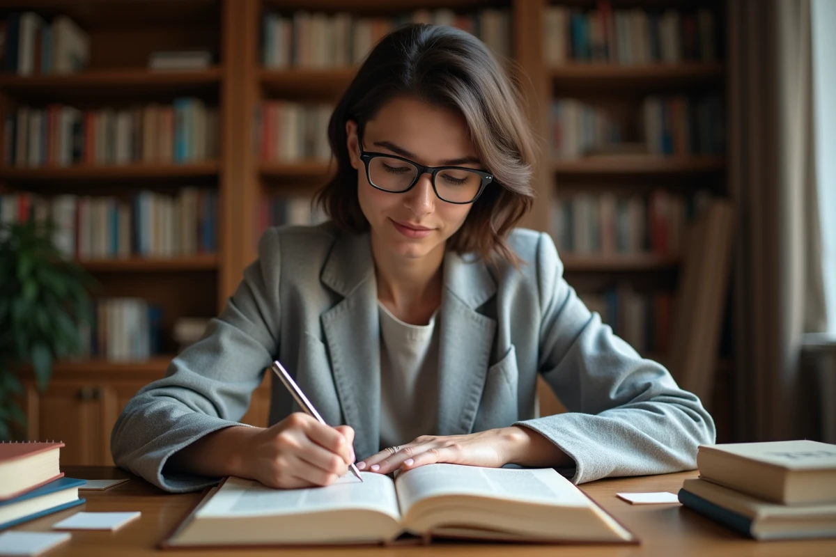 Femme consultant un dictionnaire pour comprendre les types de définition