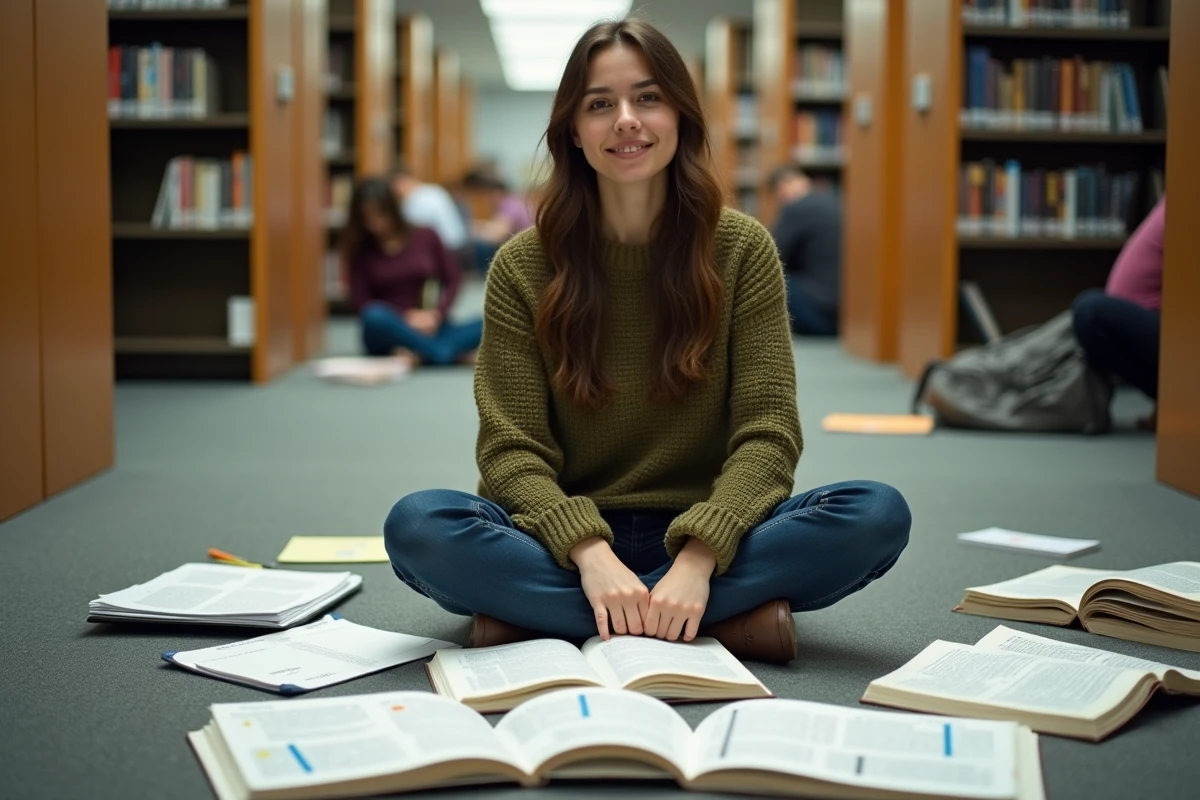 Étudiante révisant les types de définition entourée de manuels universitaires