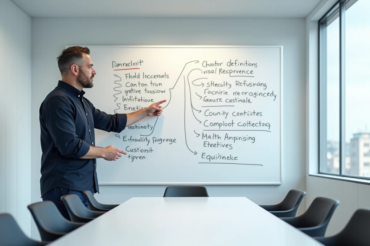 Professeur expliquant les différents types de définition sur un tableau blanc