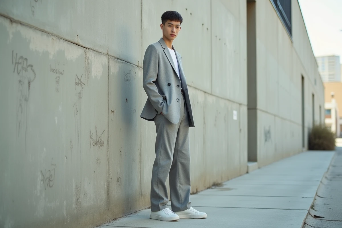 Personne androgyne portant un blazer oversize gris et un pantalon large devant un mur urbain en béton