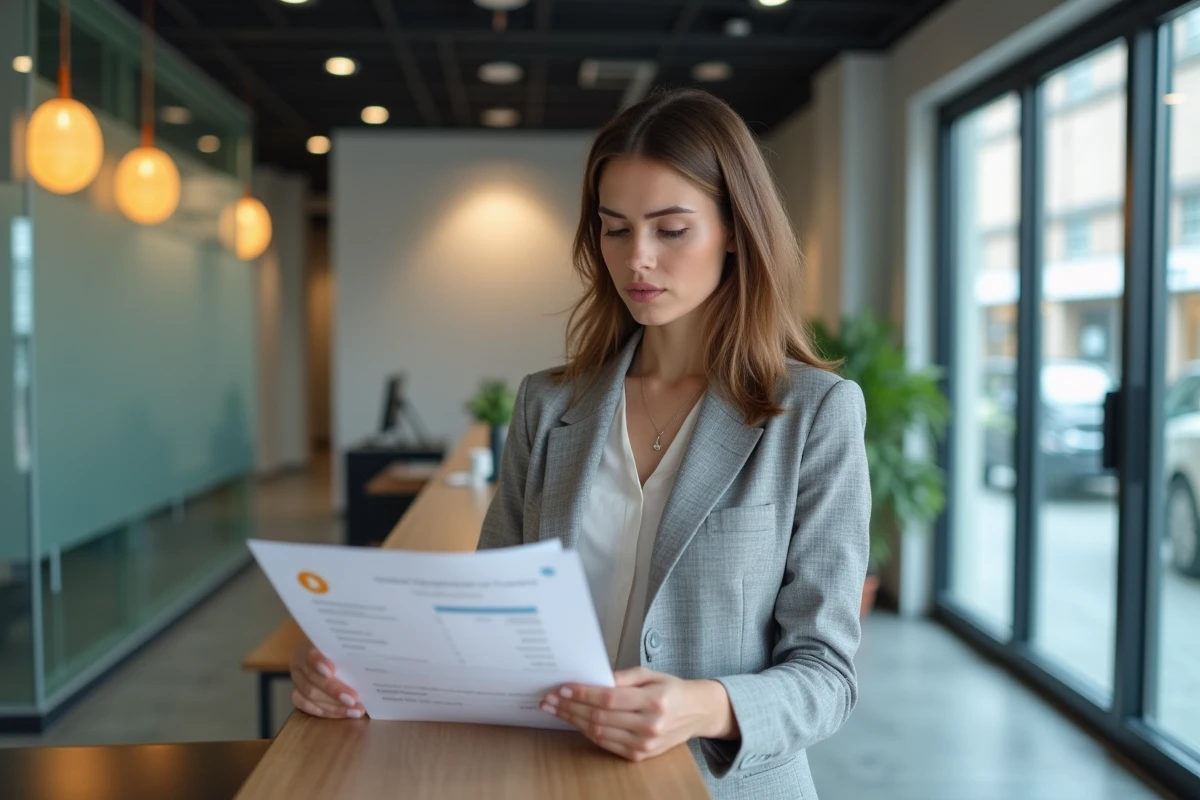 Femme en agence bancaire consultant un relevé de transaction lié à un virement de cryptomonnaies vers son compte