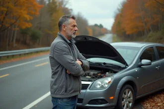 Homme frustré debout devant sa voiture en panne sur le bord de la route, capot ouvert, illustrant les pannes automobiles fréquentes