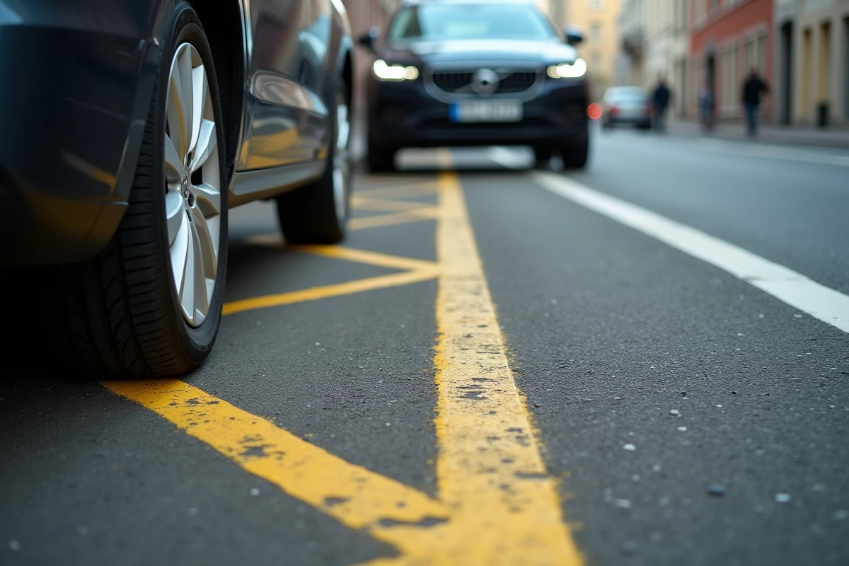 Voiture mal garée sur une zone jaune hachurée en milieu urbain