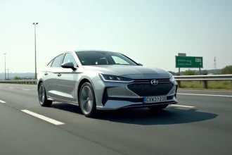 Voiture hybride moderne roulant sur l'autoroute française en conditions réelles