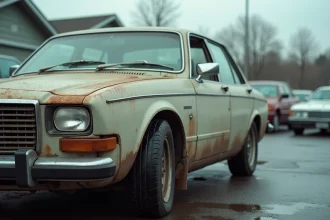 Voiture d'occasion avec kilométrage élevé garée dans un lot de véhicules usagés, montrant de l'oxydation et de la rouille visibles sur la carrosserie